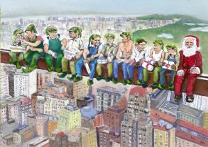 Santa and the Elves above Manhattan