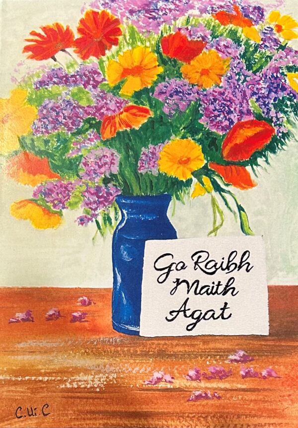go raibh maith agat card with an image of a bouquet of flowers in a blue vase